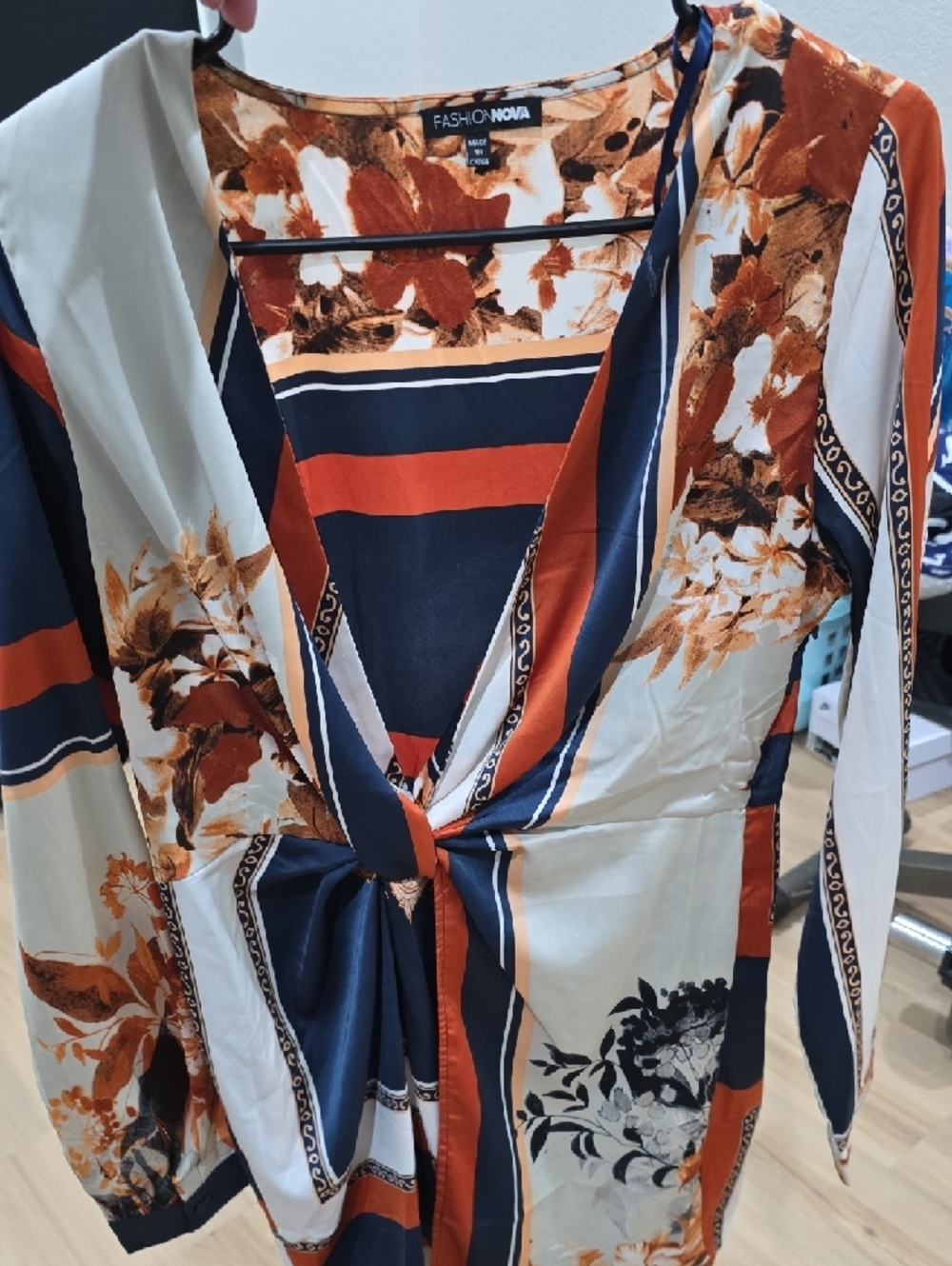 Fashion Nova Navy, Orange & White Floral Wrap Dress - Picture 3 of 4